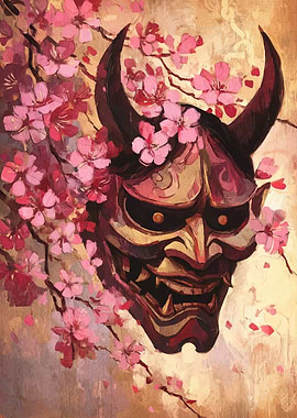 Hannya Mask with Cherry Blossoms Painting