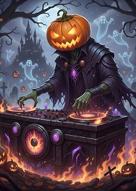 Halloween Pumpkin DJ in Spooky Scene