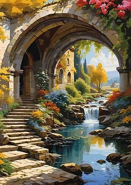 Picturesque Bridge and Waterfall Landscape