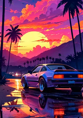 Retro Car Sunset Beach