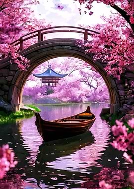 Japanese Garden with Cherry Blossoms and Boat