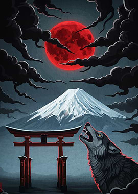 Wolf Howling Red Moon Fuji