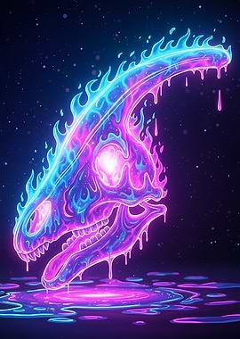 Neon Dinosaur Skull with Flames