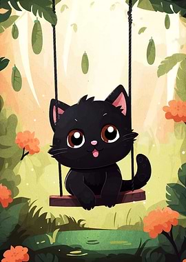Cute Black Cat on a Swing