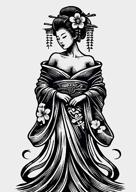 Elegant Geisha in Kimono Black and White