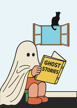 Ghost reading a book with cat