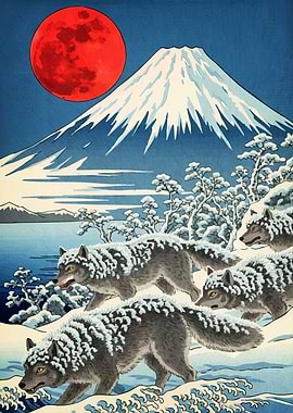Wolves Mount Fuji Red Moon