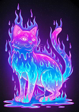 Neon Flame Cat Digital Art