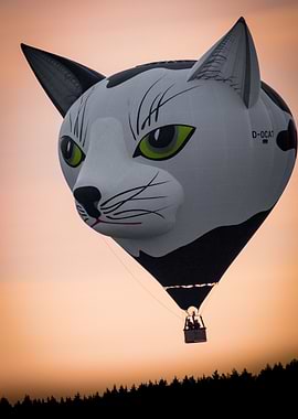 Cat-shaped hot air balloon at sunset