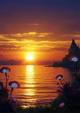 Fantasy Sunset Over Water
