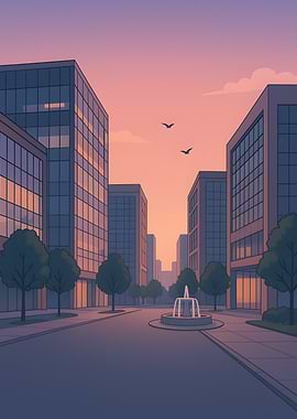 Cityscape at Sunset with Fountain