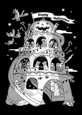 Halloween Party House Black and White