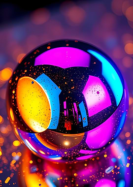 Iridescent Chrome Sphere on Mirror with Neon Reflections and Floating Bokeh Sparks