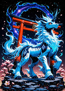 Mystical Kirin Horse Unicorn with Torii Gate Cherry Blossom Sakura Japan