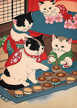 Cats in Kimonos with Food