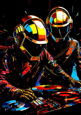 Daft Punk DJing Colorful Digital Art