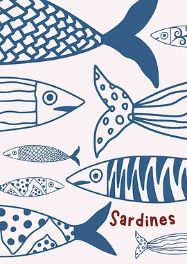 Sardines Illustration with Blue Fish
