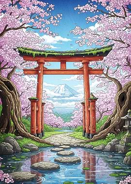 Japanese Torii Gate Cherry Blossoms