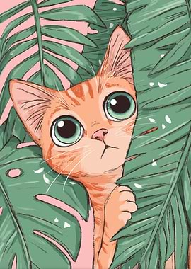 Cute Cat Peeking Through Tropical Leaves