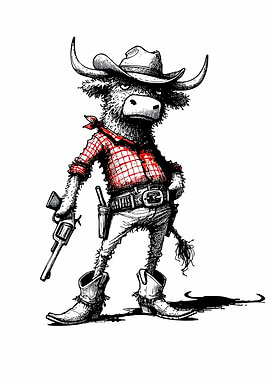 Cowboy Bull Cartoon Character Illustration