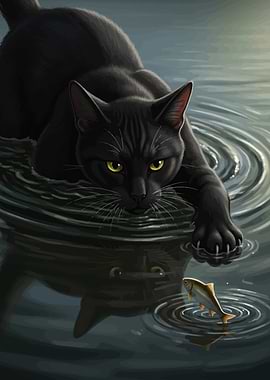Black cat hunting fish in water
