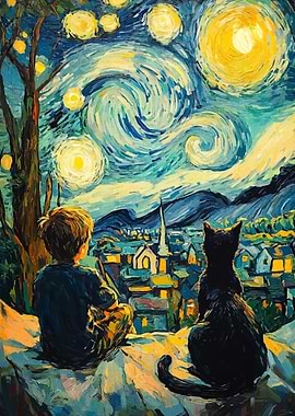 Boy and Cat Starry Night Painting