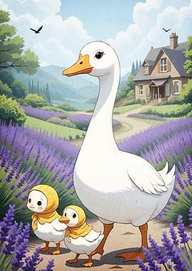 Goose Ducklings Lavender Field
