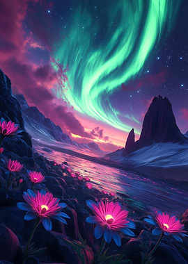 Ethereal Space Fantasy Aurora over Floral landscape