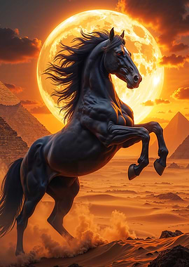Black Horse Rearing Under a Full Moon