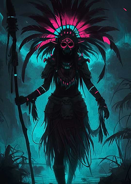 Neon Tribal Warrior in Dark Jungle