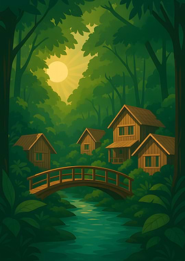 Green Forest Houses and Bridge