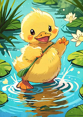 Cute Duckling in Pond Illustration