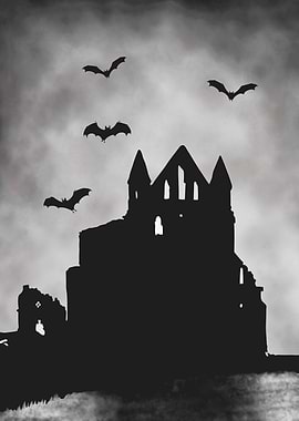 Silhouette of a Ruined Building with Bats
