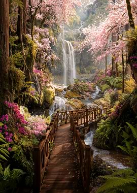 Waterfall in a Cherry Blossom Forest