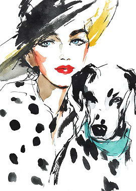 Fashionable Woman with Dalmatian Watercolor Painting