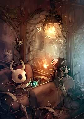 Hollow Knight characters in cozy setting