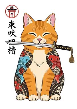 Samurai Cat with Tattoos and Sword