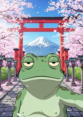 Frog selfie with Mount Fuji backdrop
