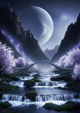 Fantasy Landscape with Waterfall and Bridge