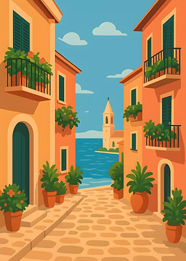 Coastal Italian Village Illustration