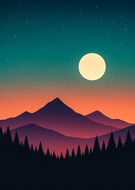 Night Landscape with Mountains and Moon