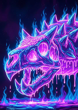 Neon Dragon Skull with Blue Flames