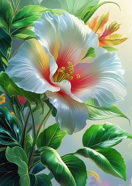 White Hibiscus Flower with Green Leaves