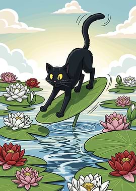 Black cat on lily pad cartoon