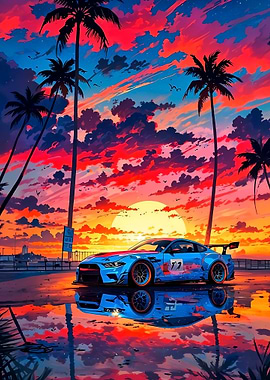 Blue Race Car at Sunset Beach
