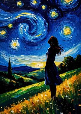Starry Night Inspired Landscape with Figure