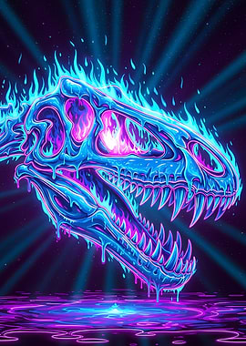 Neon Dinosaur Skull with Flames