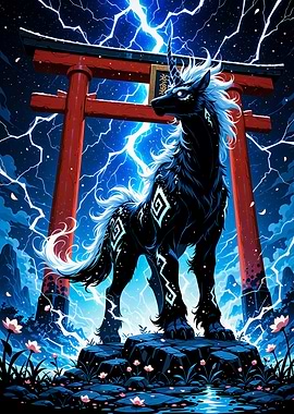 Mystical Kirin Horse Under a Torii Gate