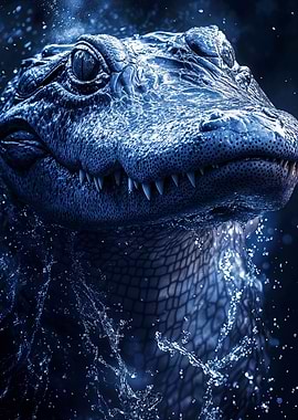 Blue Alligator Portrait with Water Splashes