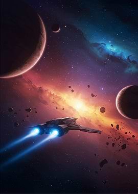 Spaceship in Nebula with Planets